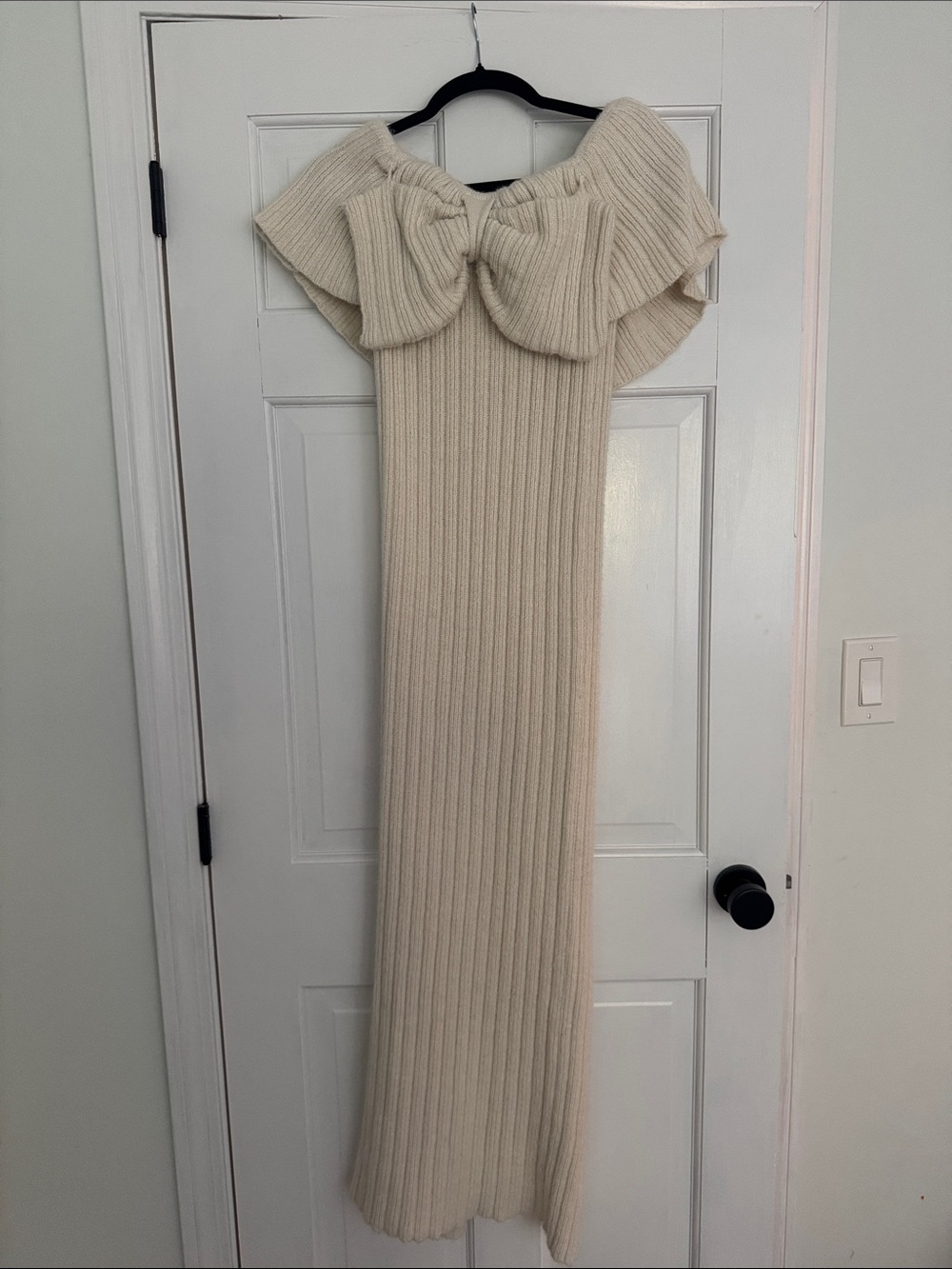 Off-Shoulder Cream Ribbed Maxi Dress with Bow Detail